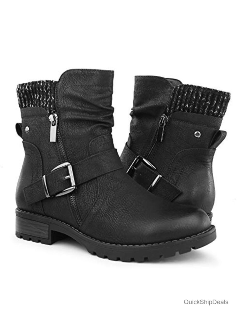 Faux Leather Round Toe Combat Boots with Side Zipper and Buckle Ankle Booties